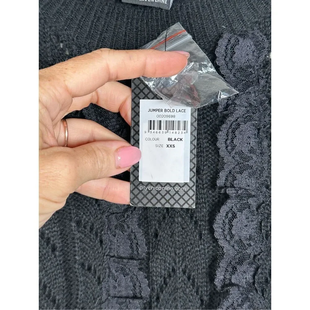 City Chic Jumper Bold Lace Woven Crewneck Sweater Ruffles NWT Sz XXS